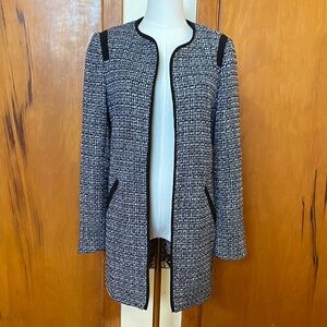 NWT Black White Tweed Open-Front Long Blazer Jacket 30” Rose Pattern Lining